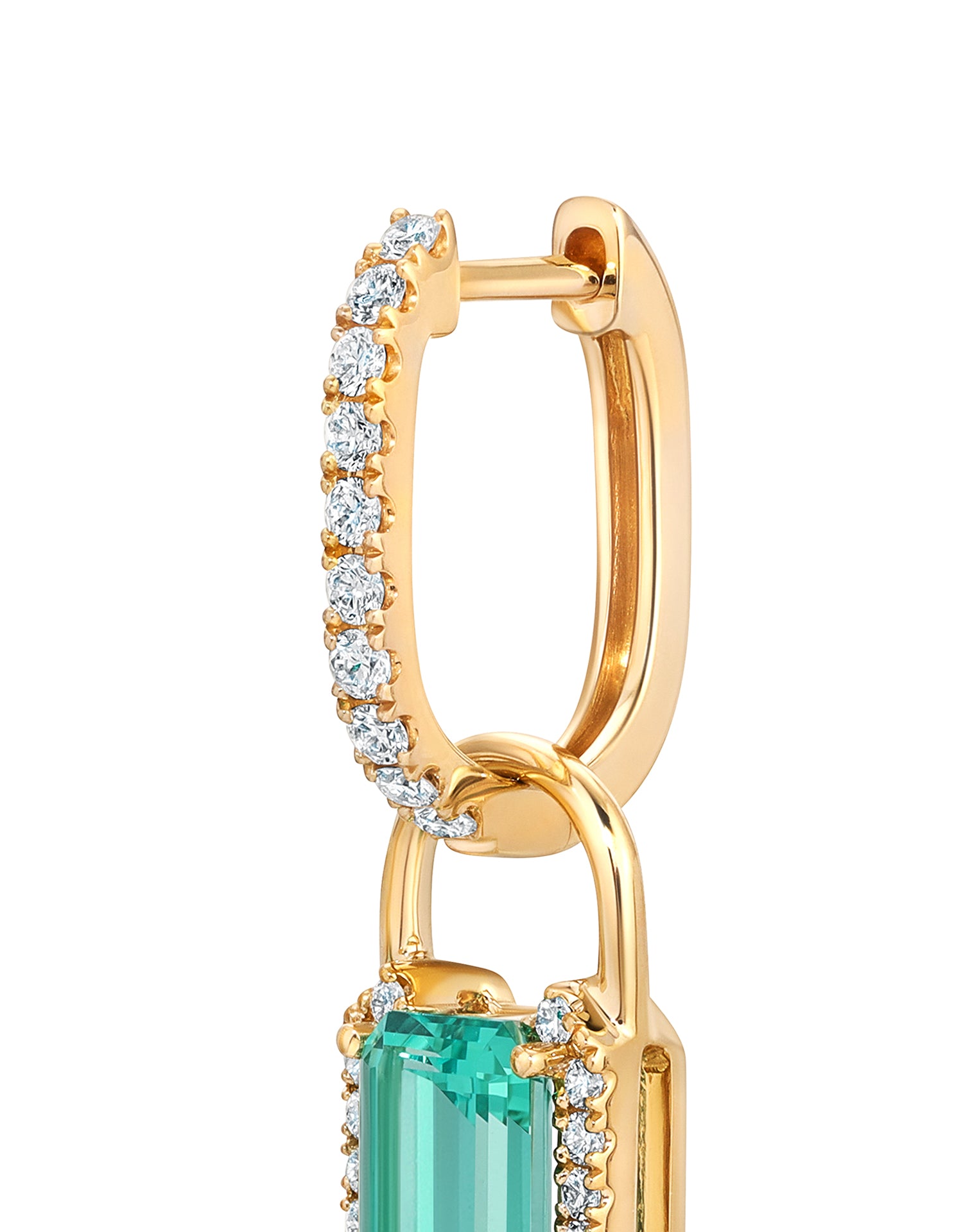 Yellow gold drop chain earring with pave lab-grown diamonds and an emerald-cut seafoam green lab-grown chrysoberyl gem surrounded by lab-grown pave diamonds.