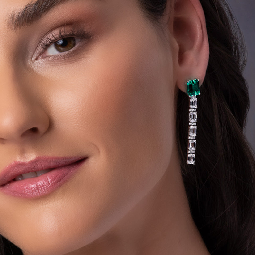 Emerald & Diamond Earrings – Emerald Cut, 18K White Gold