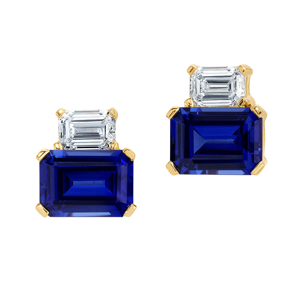 Chatham lab-grown blue sapphire earrings in 14k yellow gold, style CE4989YBS