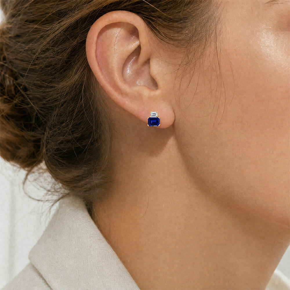 Blue Sapphire Earrings – Octagon, 14K White Gold, 7x5mm