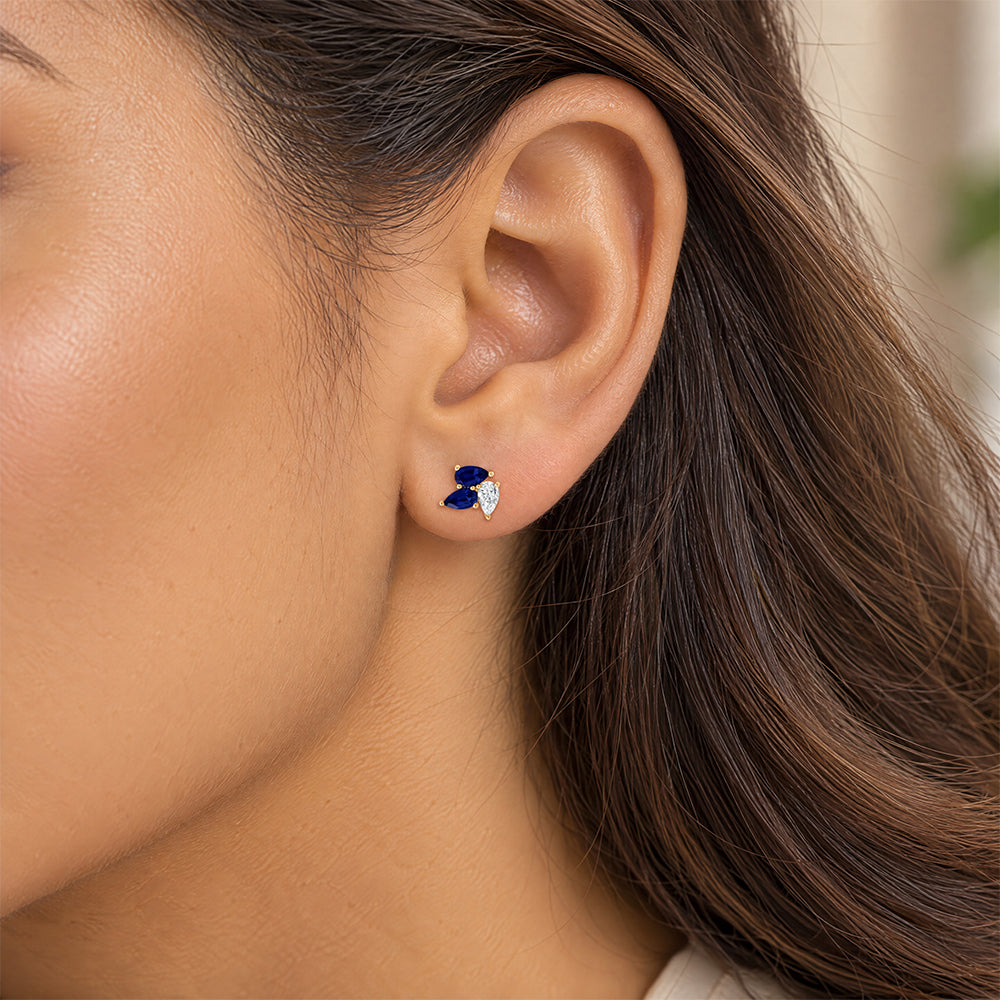 Blue Sapphire Cluster Studs – Pear, 14K Yellow Gold