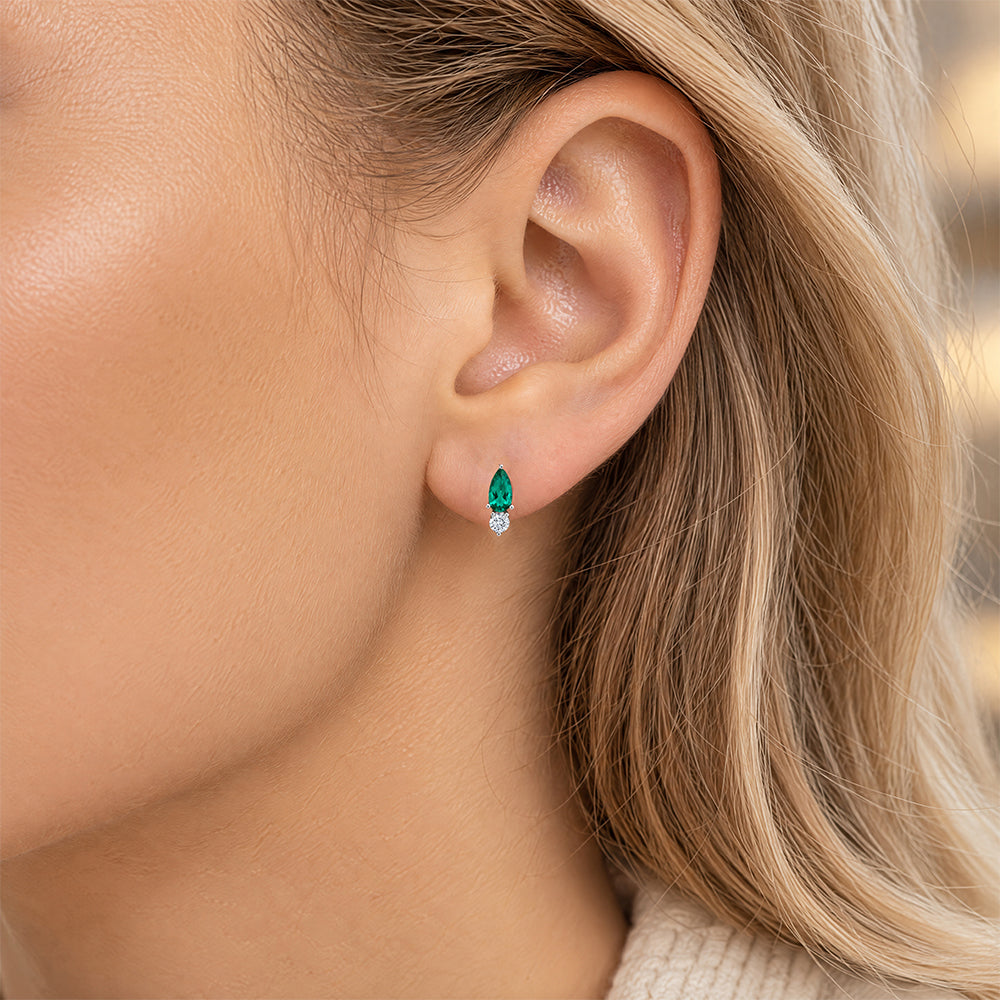 Emerald Stud Earrings – Pear, 14K White Gold