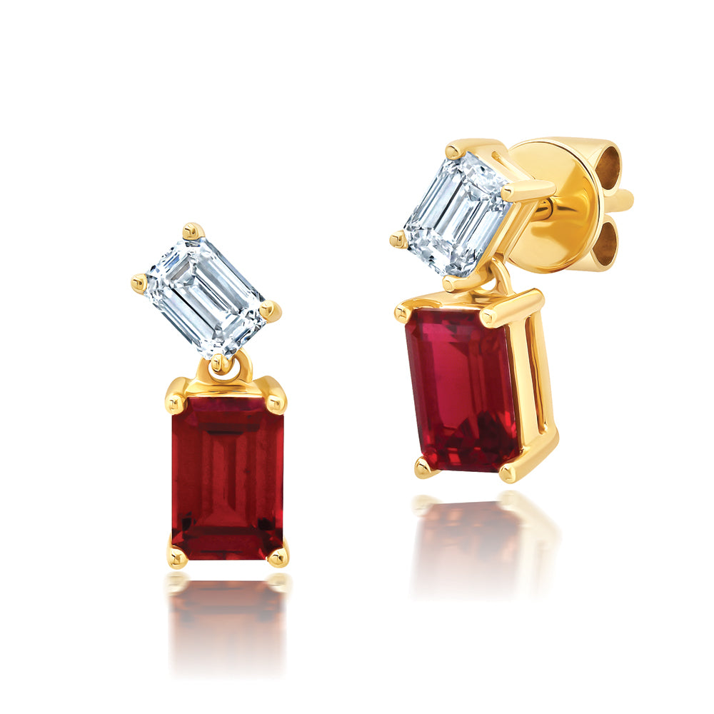 Chatham lab-grown ruby earrings in 14k yellow gold, style CE5072YRU