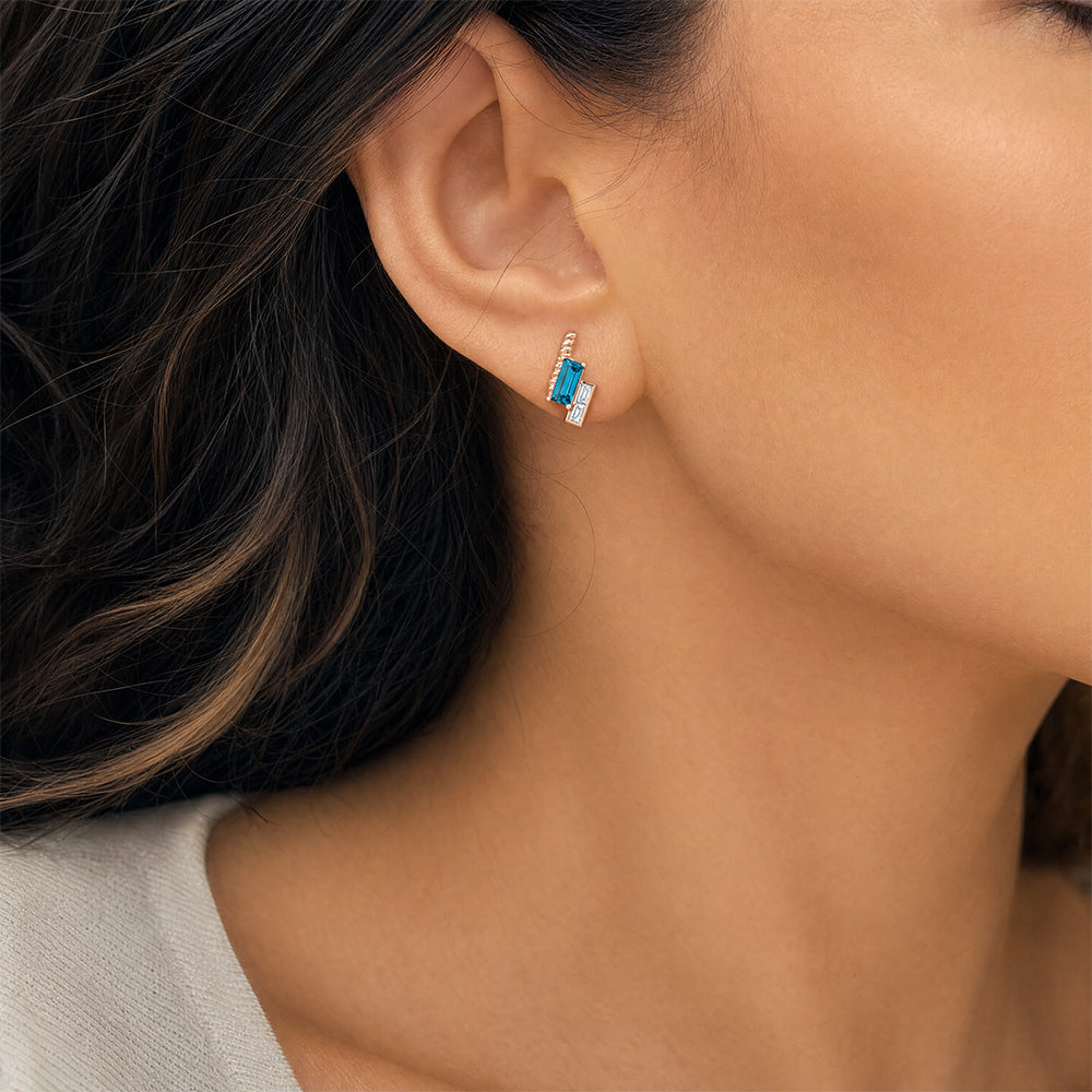 Paraiba Colored Spinel Stud Earrings – Baguette, 14K Rose Gold