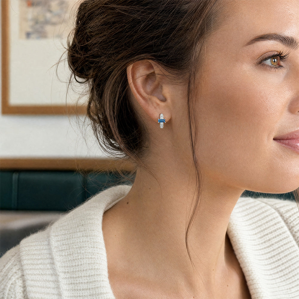 Aqua Blue Spinel Huggies – Baguette, 14K White Gold