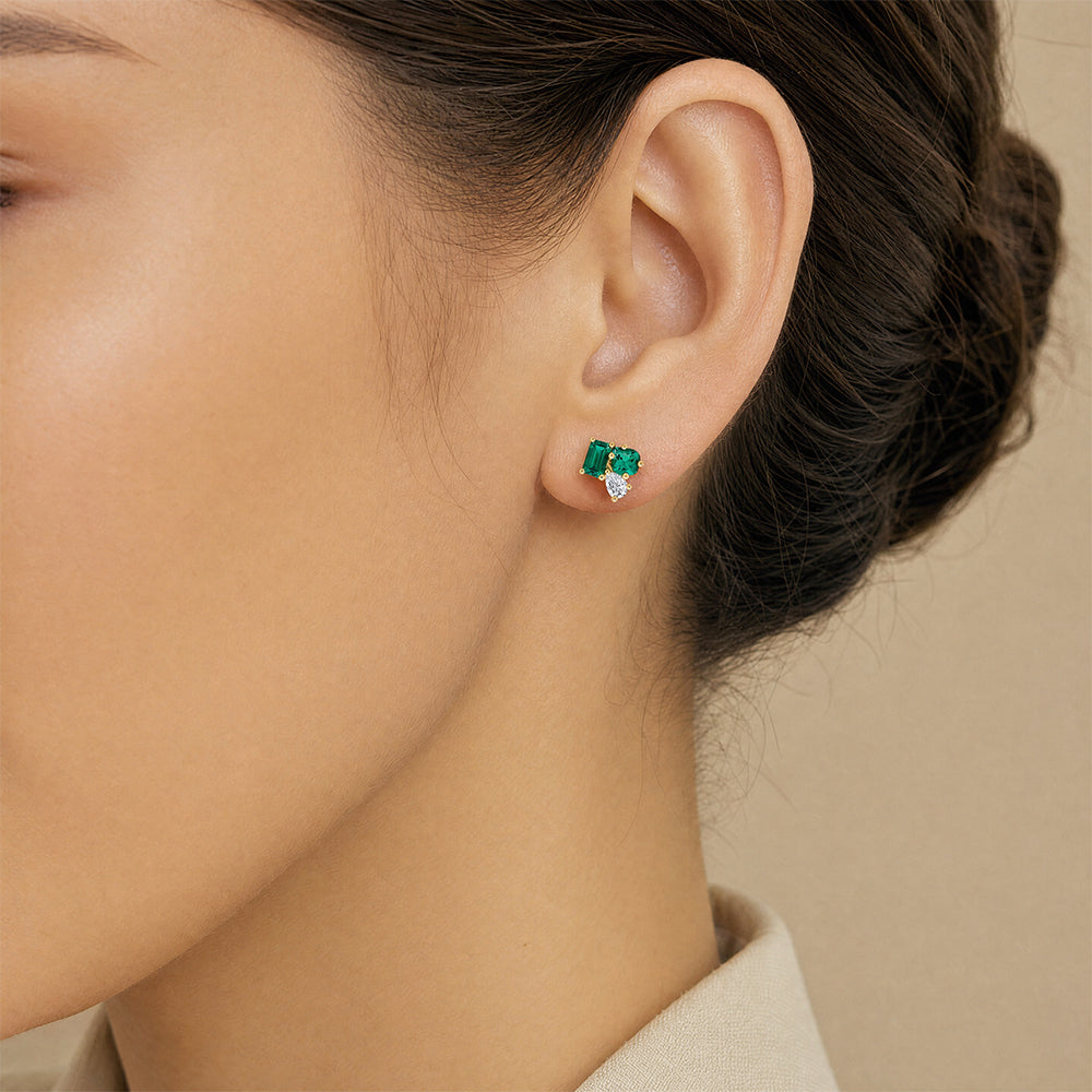 Emerald Cluster Studs – Multi-Shape, 14K Yellow Gold