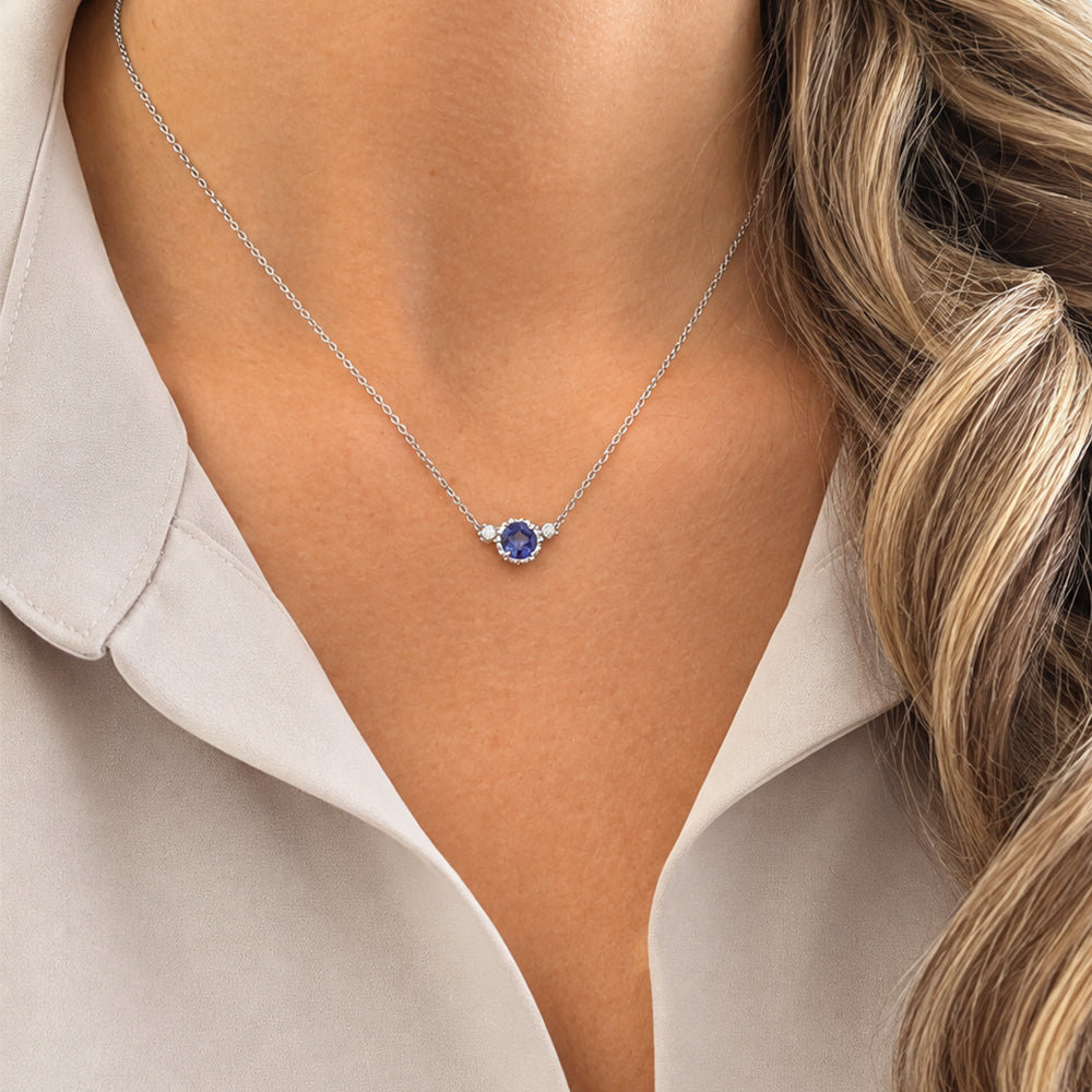 Blue Sapphire Chain Necklace – Round, 14K White Gold