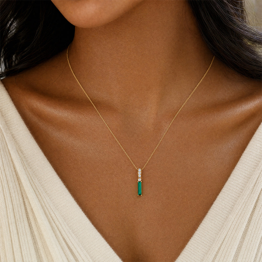 Emerald Pendant – Baguette, 14K Yellow Gold, 10x2.5mm