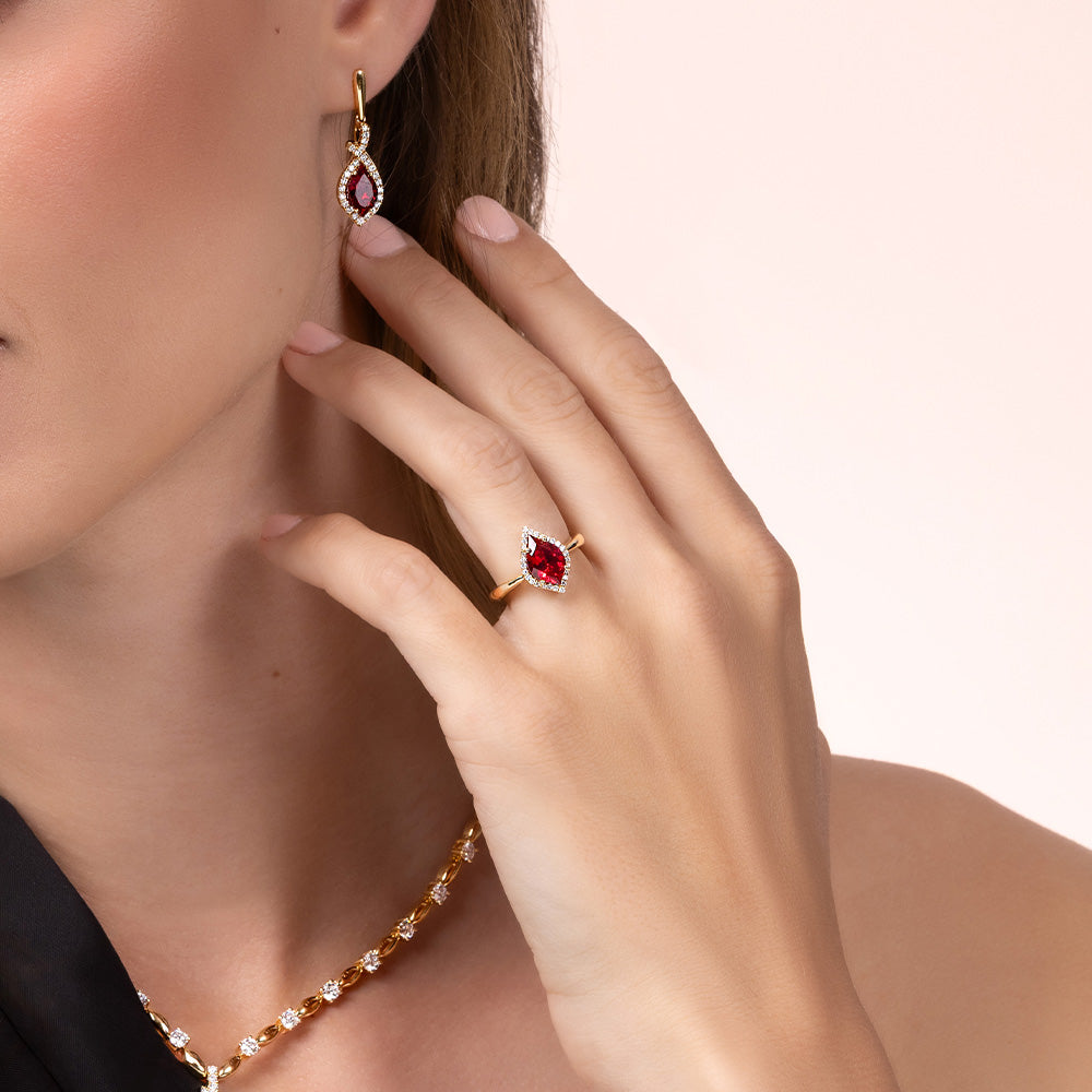 Ruby Ring – Flame, 14K Yellow Gold, 11x7 mm, .13 ctw diamonds