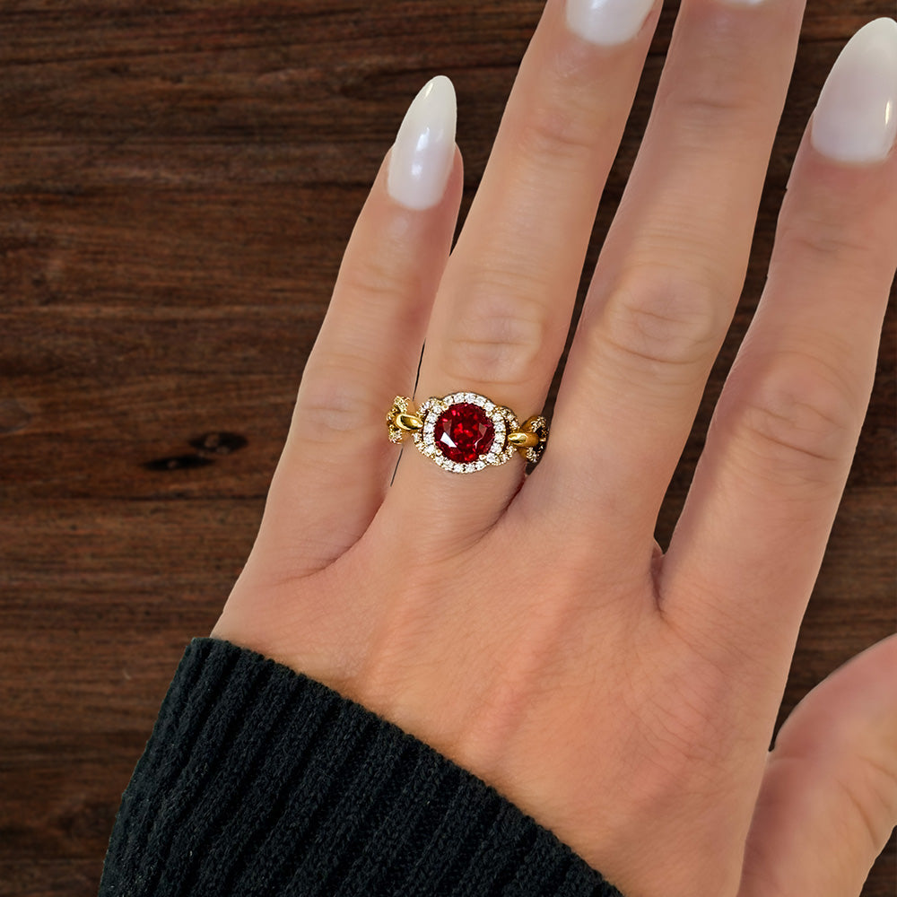Ruby Ring – Round, 14K Yellow Gold, 7.0mm, 0.35 ctw diamonds