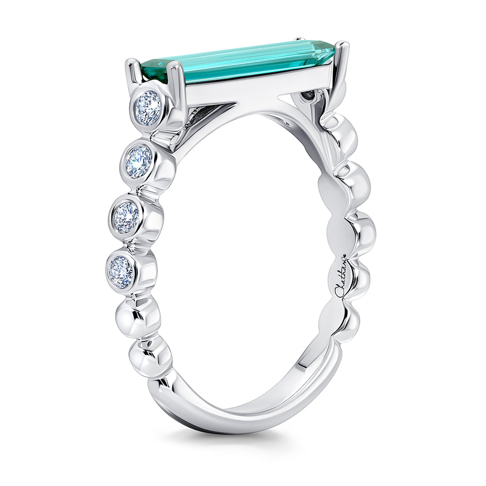 Paraiba Colored Spinel Ring – Baguette, 14K White Gold, 14x3mm, 0.18 ctw diamonds