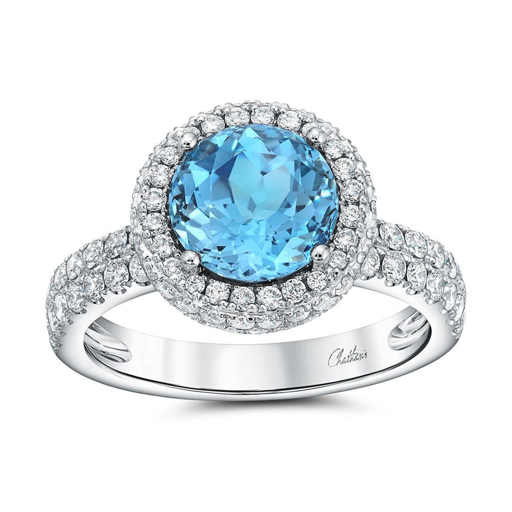 Chatham lab-grown aqua blue spinel ring in 18k white gold, style CR15072WAQ