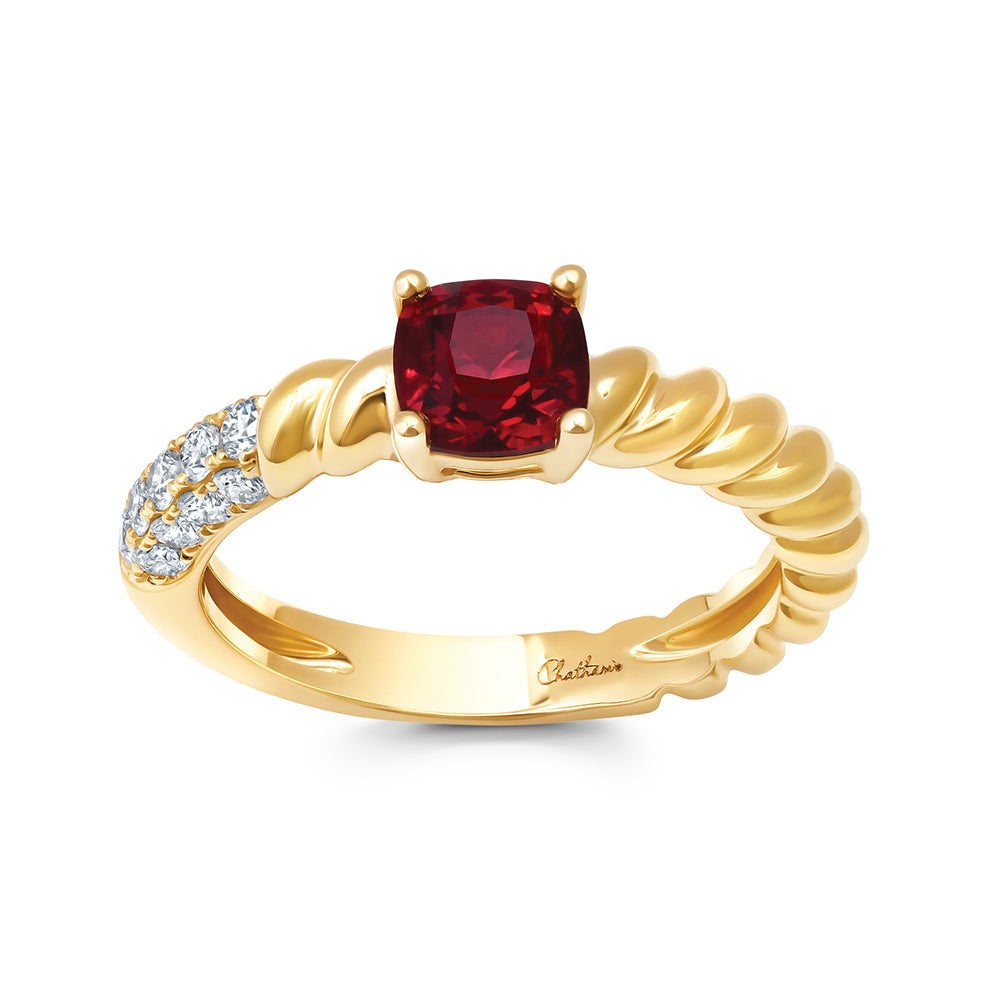 Chatham lab-grown ruby ring in 14k yellow gold, style CR15258YRU