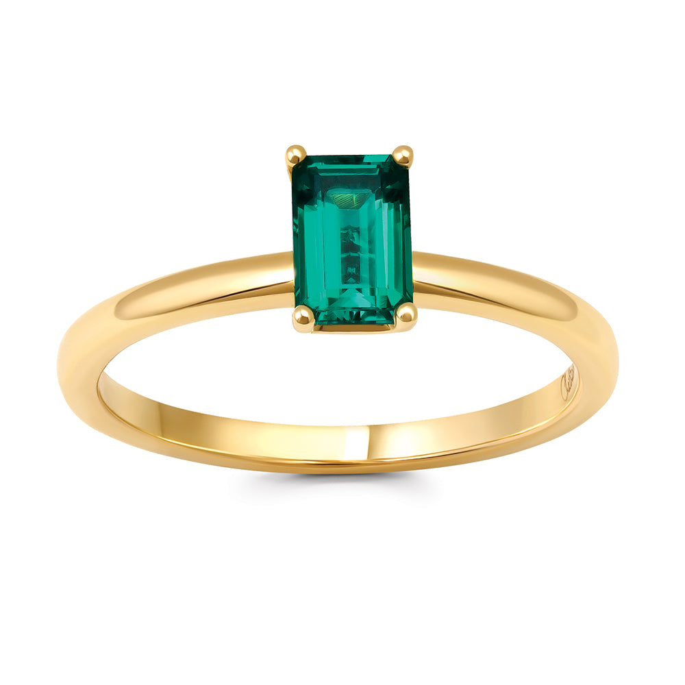 Chatham lab-grown emerald solitaire ring in 14k yellow gold, style CR15299YEM