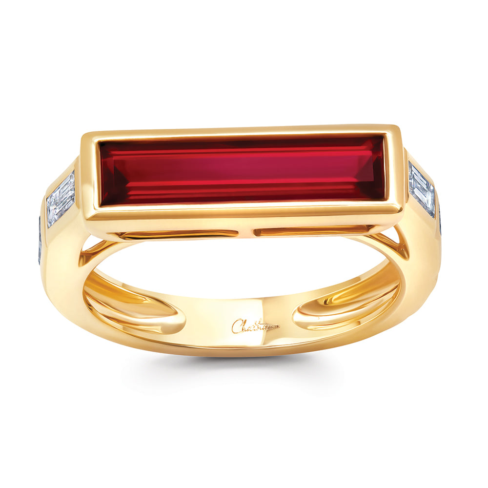 Chatham lab-grown ruby ring in 14k yellow gold, style CR15329YRU