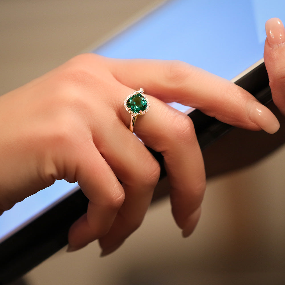 Emerald Ring – Onion, 14K White Gold, 9.5x9mm, 0.16 ctw diamonds