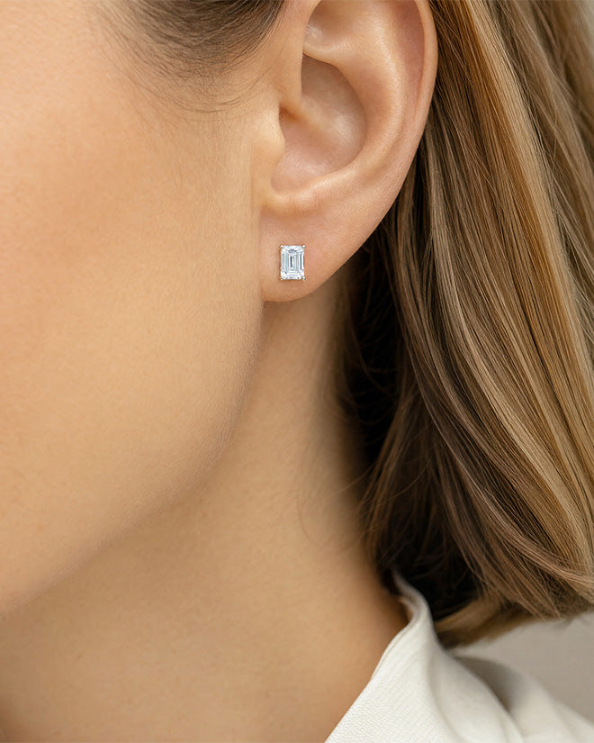 Emerald Cut Diamond Studs – 14K White Gold