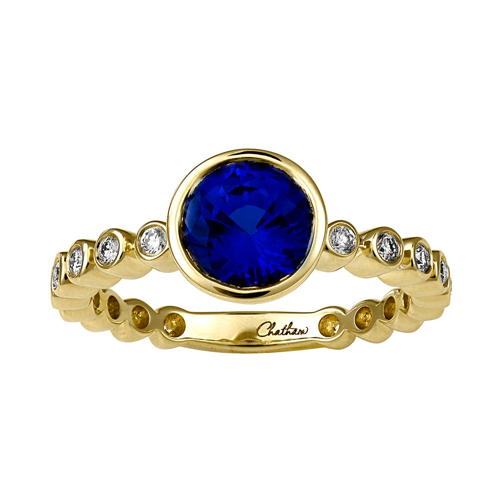 Chatham lab-grown blue sapphire ring in 14k yellow gold, style CR14850YBS